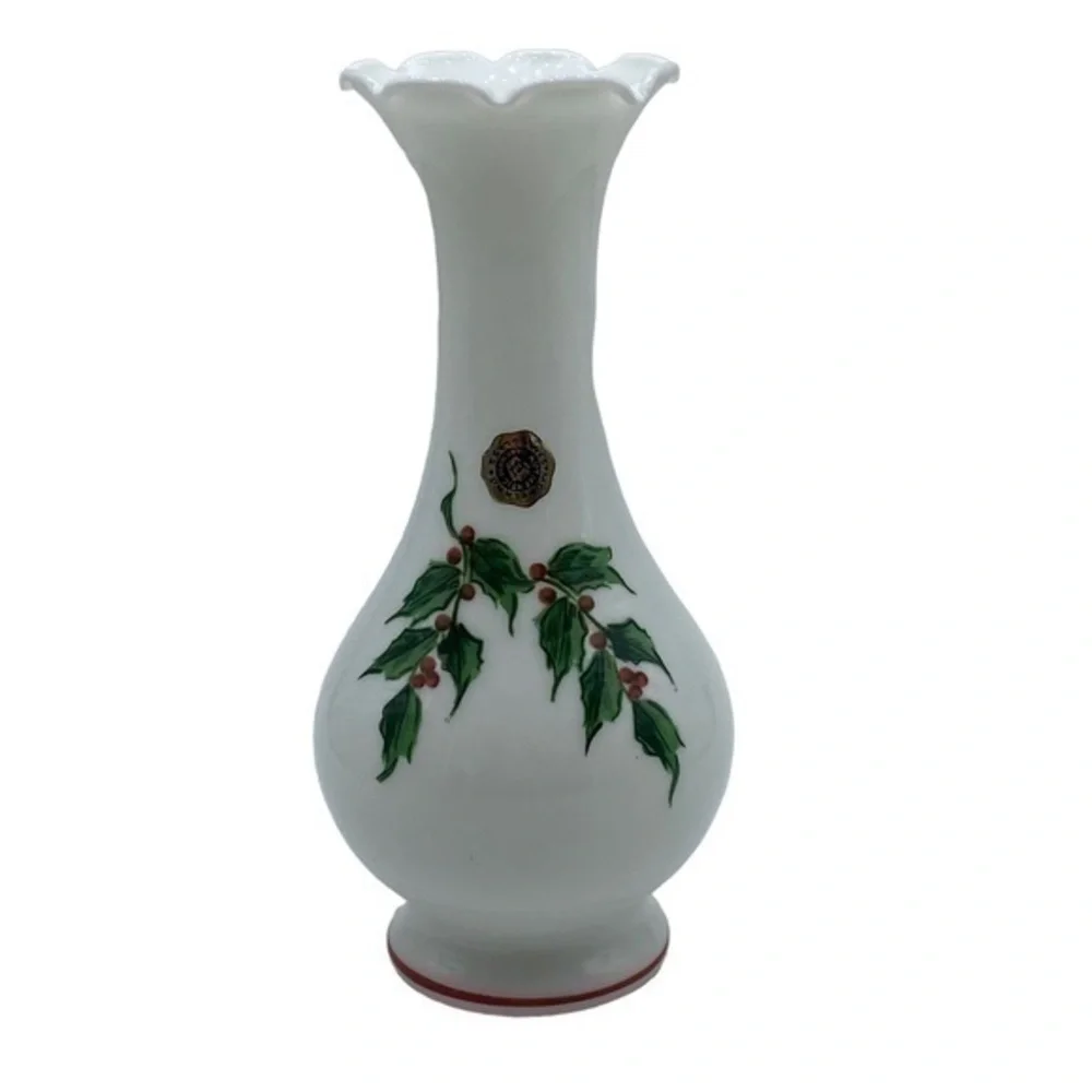 Vintage Westmoreland Glass Holiday Holly Ruffle Top Vase Handcrafted